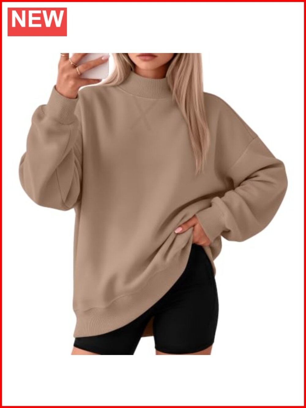 Women Oversized Mock Neck Sweatshirt 100% Polyester Drop Shoulder Top